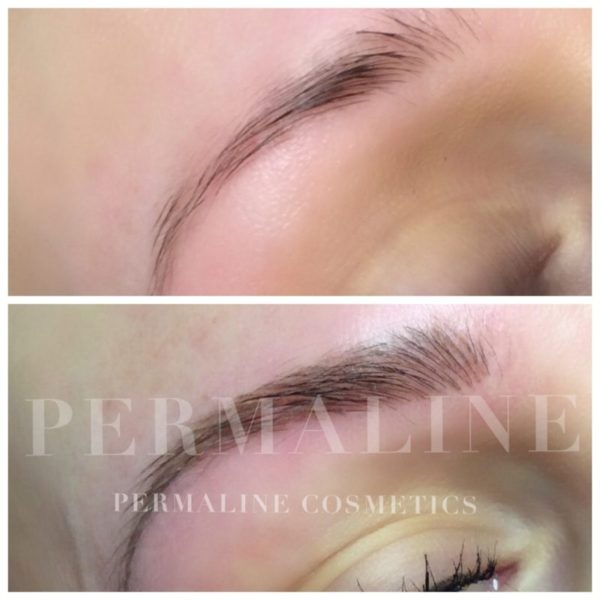 Two pictures of eyebrows before and after permanentline cosmetics.