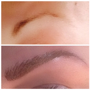 Before and after pictures of a woman's eyebrows.