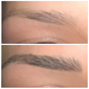 Before and after pictures of a woman's eyebrows.