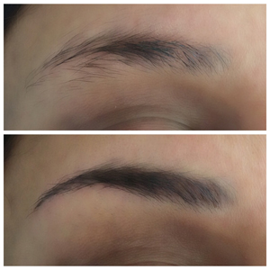 Before and after pictures of a woman's eyebrows.