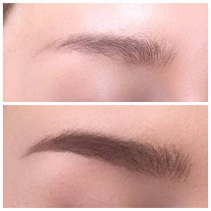Before and after pictures of a woman's eyebrows.