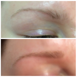 Before and after pictures of a woman's eyebrows.