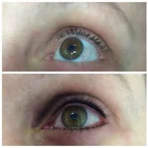 Before and after pictures of a woman's eyelashes.