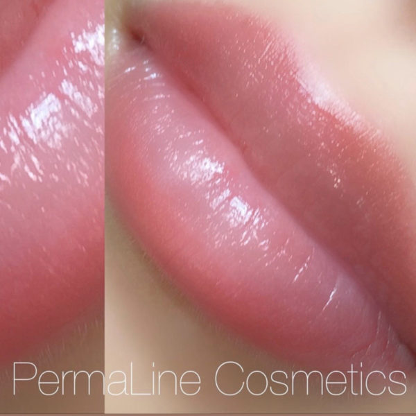A close up of a pink lip with the words permaline cosmetics.