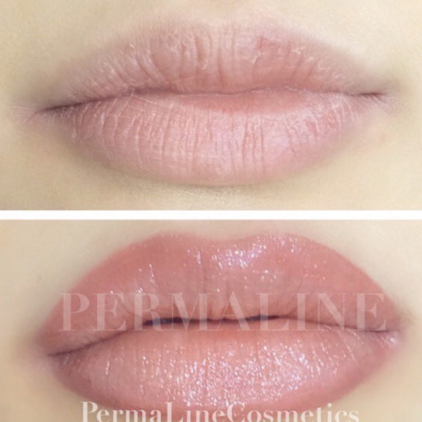 A before and after photo of a nude lip.