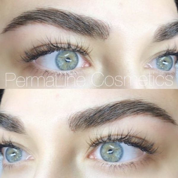 The eyebrows of a woman with blue eyes.