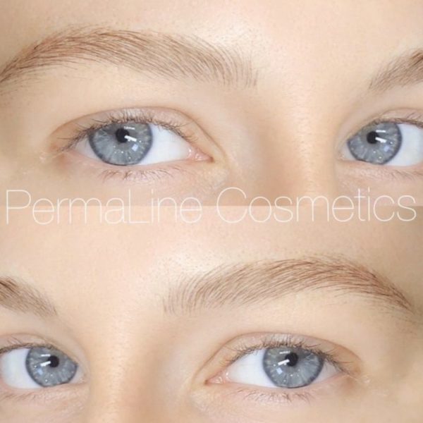 A woman's eyebrows before and after permanent line cosmetics.