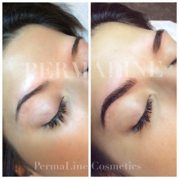 A woman's eyebrows before and after permanent line cosmetics.