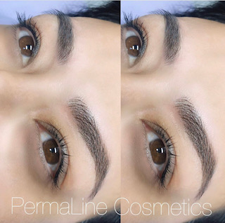 Two pictures of a woman's eyebrows before and after permanent line cosmetics.