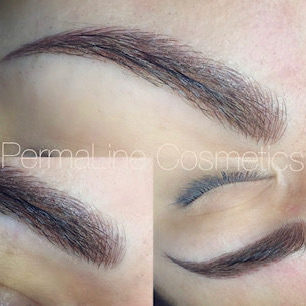 A woman's eyebrows before and after a permanent makeup treatment.