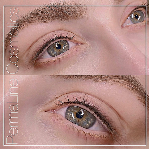 Two pictures of a woman's eyes before and after lash extensions.
