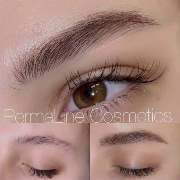 A woman's eyelashes and eyebrows before and after permanent line cosmetics.