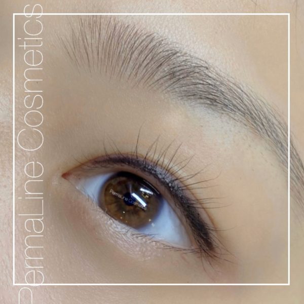 A close up of a woman's eye with brown lashes.