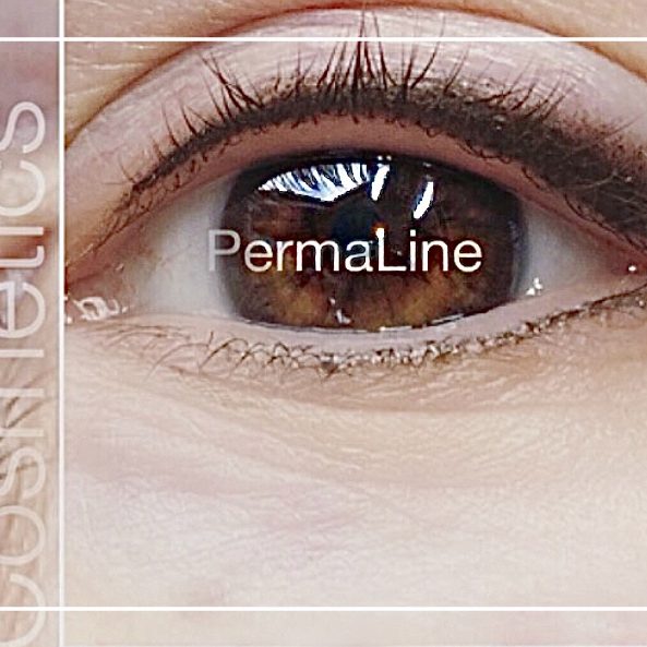 A woman's eye with the words permaline on it.