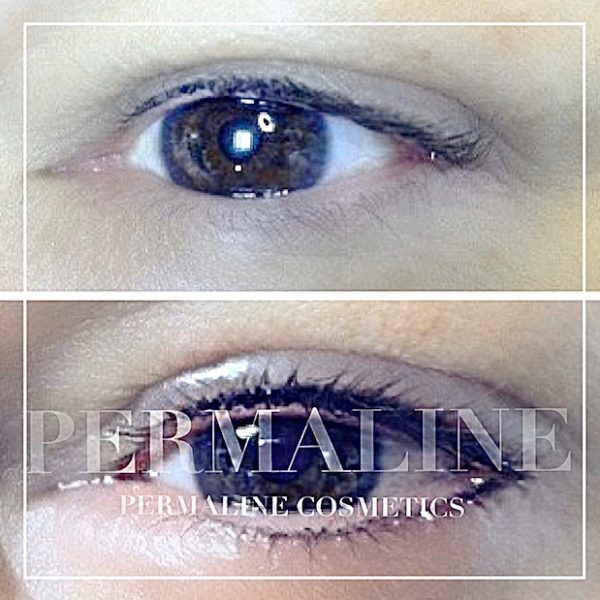 Two pictures of a woman's eyes before and after eyelash extensions.