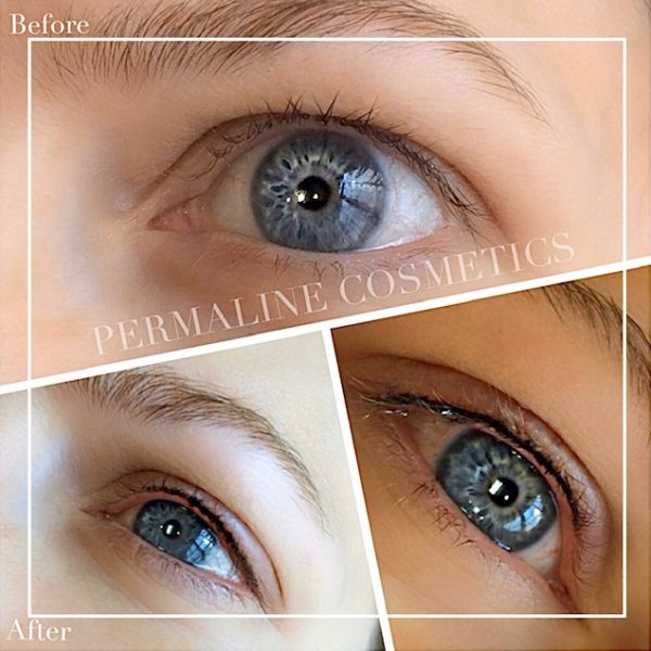 A woman's eyes before and after permanent line cosmetics.