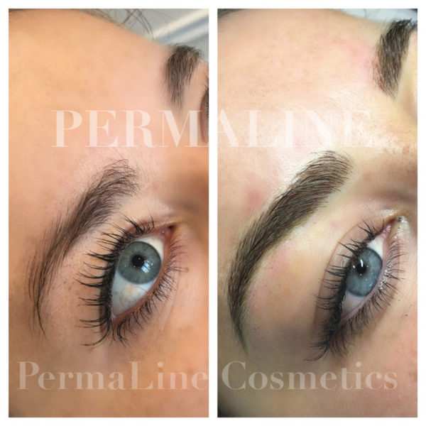 A woman's eyebrows before and after permanent line cosmetics.