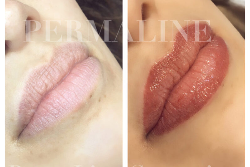 Permanent Makeup Lips / Ombré Lips Two pictures of a woman's lips before and after lip filler.