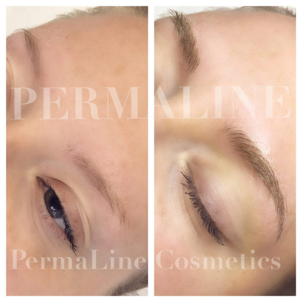 A woman's eyebrows before and after permanent line cosmetics.