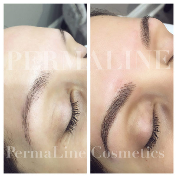 A woman's eyebrows before and after permanent line cosmetics.