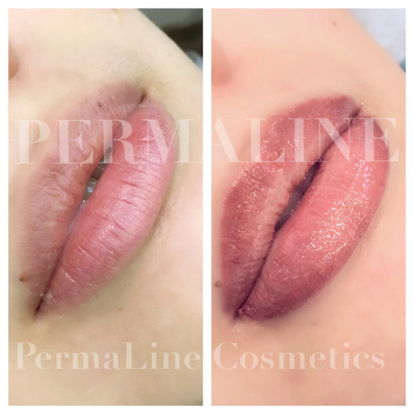 A before and after photo of a lip treatment with permanent line cosmetics.