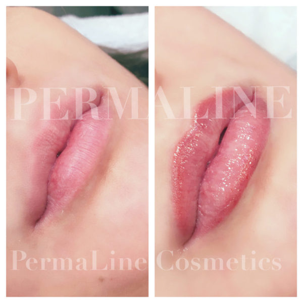 Two pictures of a woman's lips with permanent line cosmetics.