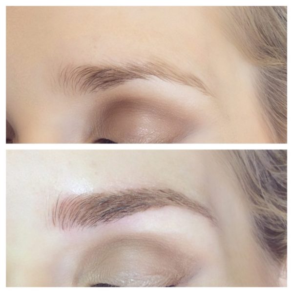 Before and after pictures of a woman's eyebrows.