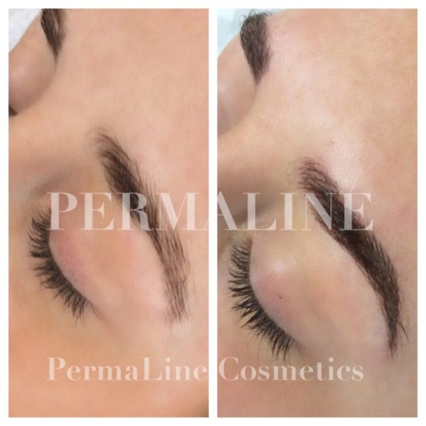 A woman's eyebrows before and after a permanent makeup treatment.