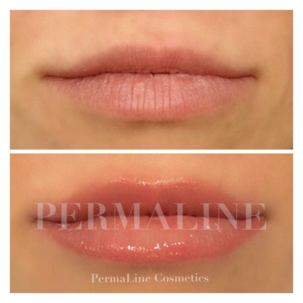 The before and after pictures of a permanent lip liner.